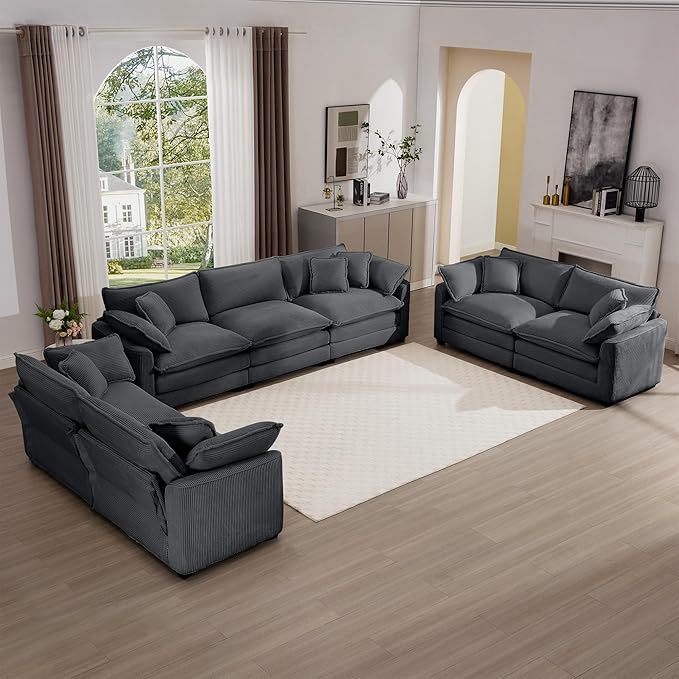 KEIKI 3-Piece Sofa Set with 1 Oversized Corduroy 3-Seater Sofa & 2 Loveseat Sofa, Upholstered 7-Seater Couch Set with 13 Pillow, High-Density Foam Cushions, Removable Armrests, for Living Room, Grey