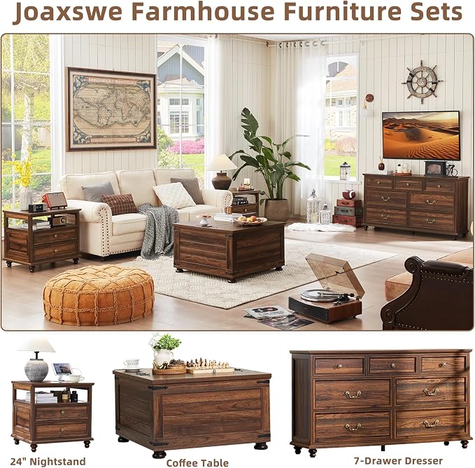 Joaxswe 24" Wide Farmhouse Night Stand Set of 2,Large End Table with 2 Drawers & Metal Handle,Brown Wood Dresser for Bedroom, Bed Side Table Chest of Drawers Cabinet, Nightstand for Living Room,Closet - Image 7