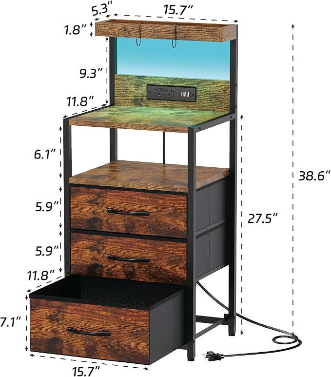 SZLHANJZ Night Stand, Nightstand with Charging Station, 3 Drawers Night Stand with Storage and LED Lights, 3 Shelves and Hooks, End Side Table for Bedroom, Rustic Brown - Image 3