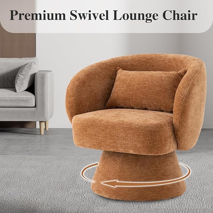 360° Swivel Accent Chair, Modern Velvet Barrel Chair with Arms and Pillow, Upholstered Single Sofa for Living Room, Bedroom, Office, Orange