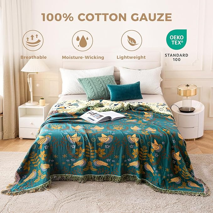 Boho Throw Blanket for Bed 100% Cotton Soft Quilt Spring Lightweight Blanket Bird Floral Embroidery Room Decor Twin Bed Blankets,60"x80" All Season Breathable Throw for Sofa&Couch Chair