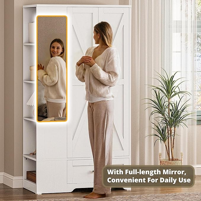 LIKIMIO Armoire Wardrobe Closet with Barn Doors and Drawers and Full Mirror and 5 Storage Shelves 70" Wooden Bedroom Wardrobe Combination for Hanging Clothes, White