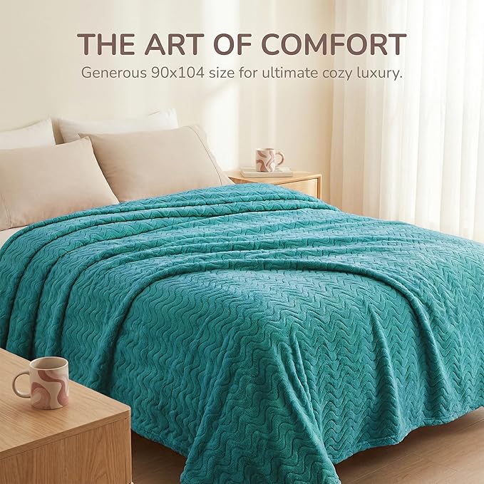 Exclusivo Mezcla Queen Blanket for Bed, Cozy Lightweight Fleece Blankets for All Season, Decorative Giftable Fuzzy Plush Wave Textured Suitable for Women, Men, Teal, 90x90 Inches