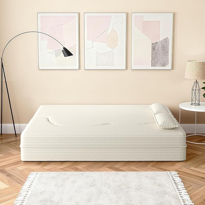 78" Convertible Sofa Bed, 2-in-1 Folding Floor Couch with 2 Pillows, Sleeper Sofa for Living Room and Bedroom, No Assembly Required (Beige, Corduroy Fabric)