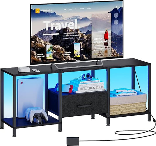 JARHETUN TV Stand with LED Lights, Entertainment Center with Open Shelves and Fabric Drawer, Media Console for 55 Inch TV, Television Stands for Living Room, Bedroom, Black by JARHETUN