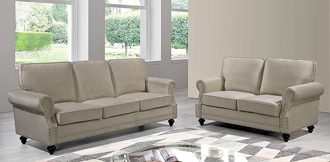 Lotus Mid Century Modern Velvet Upholstered Living Room Rolled Arms, Sofa and Loveseat, Beige