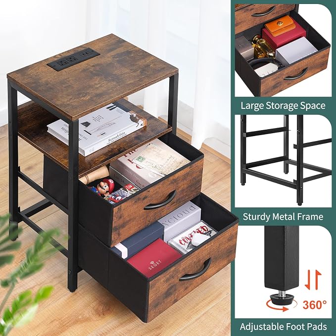Yoobure Nightstand with Charging Station, Small Night Stand with Fabric Drawers and Storage Shelf for Bedrooms, Small Spaces, Bedside Table with USB Ports & Outlets - Image 7