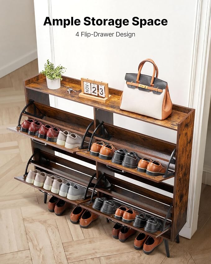 VEVOR Shoe Cabinet with 4 Flip Drawers, Farmhouse Shoes Storage Cabinet with Wood Legs and Anti-Tipping Device, Freestanding Shoe Organizer Ideal for Entryway, Hallway, Bedroom, Living Room, Brown - Image 5