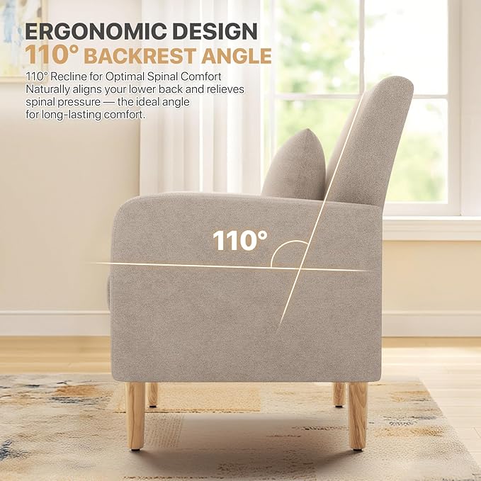 Magshion Mid-Century Accent Chair for Bedroom, Comfy Reading Chair for Living Room, Upholstered Linen Fabric Armchair Single Sofa with Back Pillow & Wood Legs, 300 lbs Capacity, Beige
