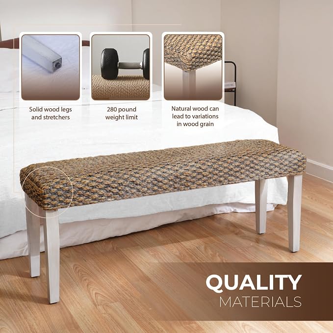 Solid Wood Acacia Indoor Bench with Natural Woven Water Hyacinth Seat, Wood Bench for Living Room or Entryway, Vintage Bench, Fishbone Style, Plait Style with Grey Leg - Image 7