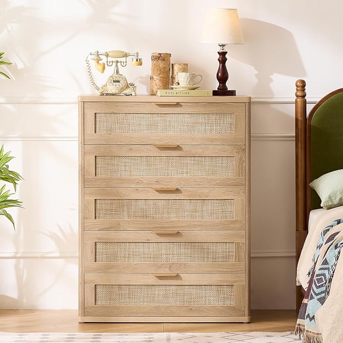 LEYAOYAO Rattan Dresser for Bedroom Set 2, 41" Tall Chest of Drawers, Modern 5 Drawers Boho Dressers with Storage, Light Oak Dresser Wooden Closet Organizer for Living Room, Hallway, Natural Wood - Image 6