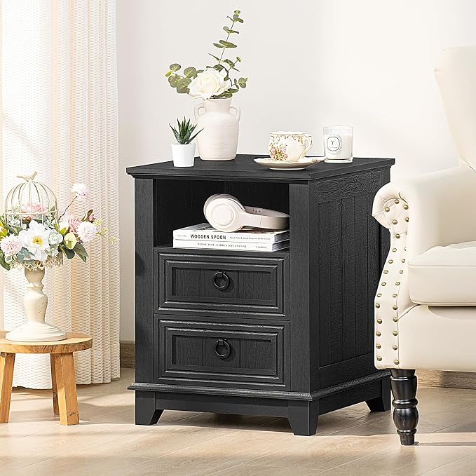 Joaxswe 18" Night Stands Set of 2 with Charging Station, Farmhouse 2 Drawers End Table Dresser for Bedroom, Black Wooden Nightstand, Bed Side Table with Open Shelf, Bedside Cabinet for Living Room - Image 5