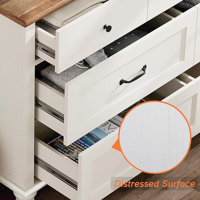 WAMPAT 2 Piece Bedroom Set - Includes 7 Drawer Dresser for Bedroom, Mid Century Nightstand with Charging Station & Drawers, 2 Piece Dresser and Nightstand Sets, Off White