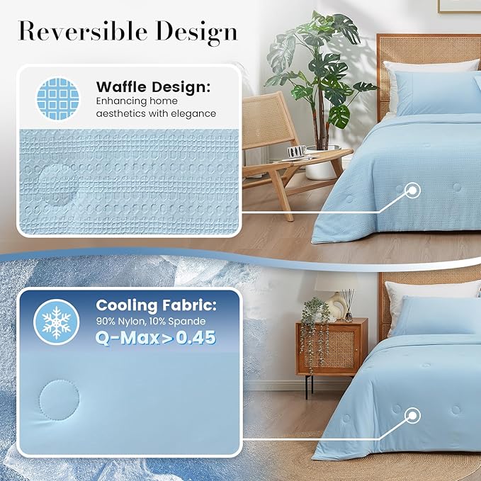 Amélie Home Waffle Cooling Comforter King Size, Q-Max 0.45 Reversible Lightweight Cooling Blanket for Hot Sleepers, Breathable Bedding for Night Sweats, 106"x90", Sky Blue