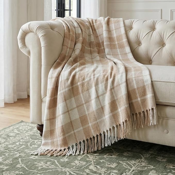 Americanflat 50x60 Throw Blanket - Soft and Breathable Cotton Throw Blanket for Couch, Bed, Chair - Decorative Blankets Perfect for Home, Office, or Outdoor Use - Ecru Camel Plaid Design