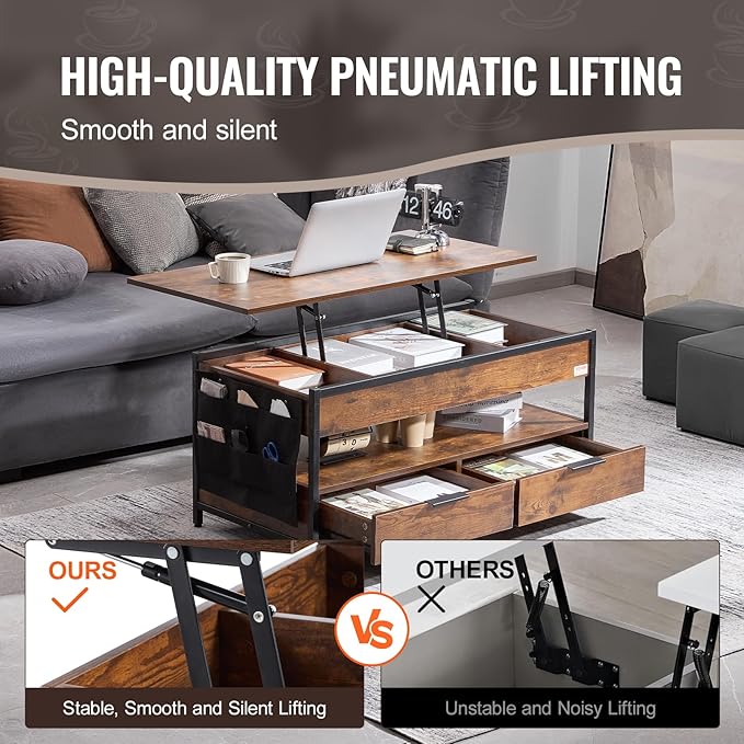 VEVOR Lift Top Coffee Table, 39.4 in Rectangle Coffee Table with Extra Storage Pockets, Pop Up Coffee Table with Power Strip & USB & Ambient Lighting for Living Room, Brown