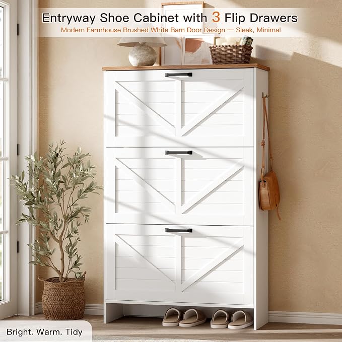 Shoe Storage Cabinet for Entryway, Nicetree Freestanding Shaker Barn Door Ultra Slim Shoe Cabinet With 3 Flip Drawers, Farmhouse Shoe Rack With 3-Tier Adjustable Shelves For Hallway Foyer Rustic-White - Image 3