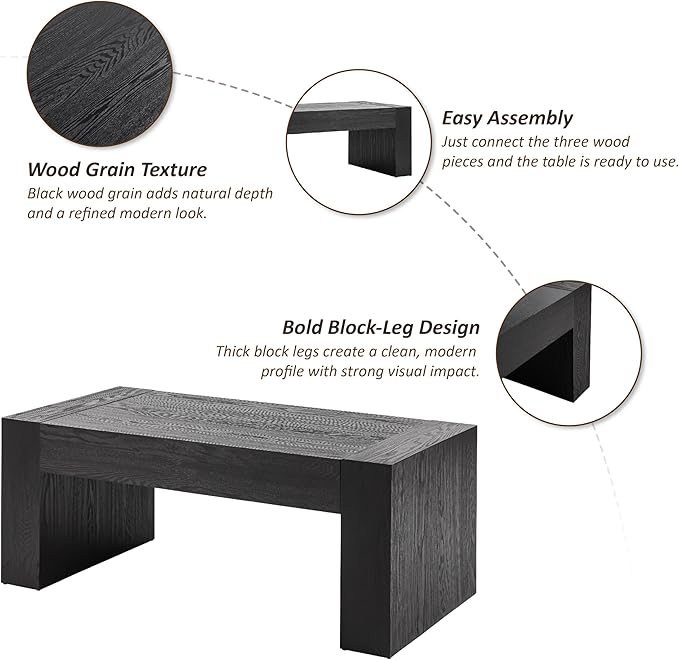 COZAYH Modern Black Wood Coffee Table with Thick Block Legs and Natural Wood Grain, Rectangular Large Center Table for Living Room Decor, Office, Farmhouse, Sturdy