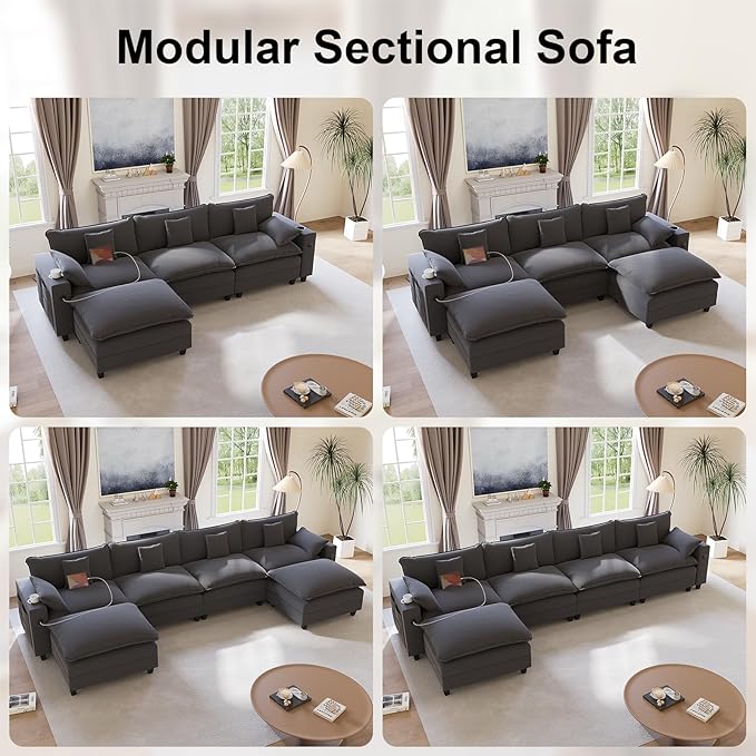 152" Modular Sectional Sofa, U Shaped Cloud Couch with Movable Ottoman, Chenille Deep Seat Cloud Sofa with Charging Station, Cup Holder, Side Pocket, Sectional Couches for Living Room, Grey