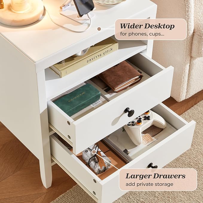 Huuger White Nightstand Set of 2, Night Stand with Charger Station, Bedside Table with 2 Drawers, Bed Side Tables for Bedroom, Modern Nightstands, Metal Knobs, Painted Surface - Image 7