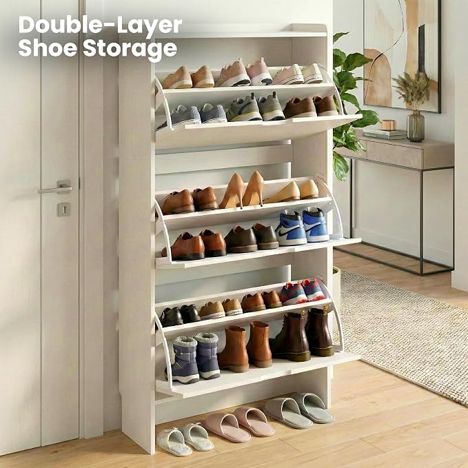 52" Tall Slim Shoe Cabinet, 3-Drawer Flip Down Hidden Shoe Storage with Top Fence & Open Bottom Shelf, Ultra-Thin Narrow Shoe Rack, White Wood Grain - Image 3