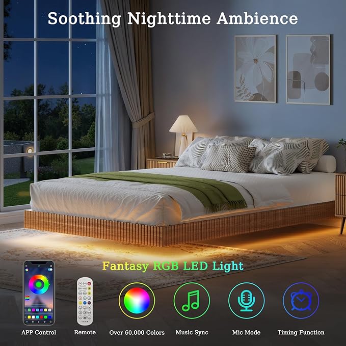 LYNSOM 3 Pieces Queen Bedroom Set, Floating Bed Frame with Smart LED Lights & Nightstand Set of 2, Fluted Bedroom Furniture Set for Home, Bedroom, Walnut