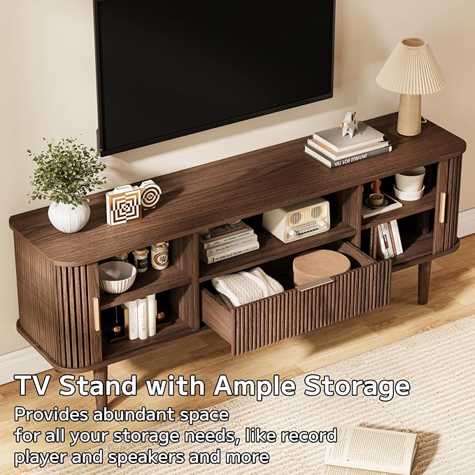 Fluted TV Stand, 55 Inch Mid Century Modern Media Console Table with Sliding Tambour Door Farmhouse Sideboard Buffet Cabinet Fits TVs up to 60 inch, Wood Entertainment Center for Living Room - Image 5