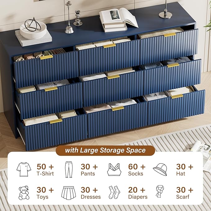 Furniway Blue Dresser Bedroom Set 3 Pieces, Nightstands Sets of 2, 9 Drawer Dresser with Gold Handles for Bedroom