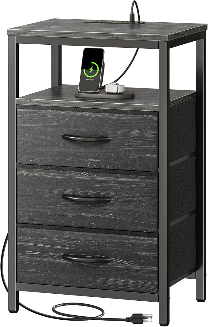 Huuger Nightstand with Charging Station, 27.6 Inch End Table Bedside Table with USB Ports and Outlets, Night Stand for Bedroom, Fabric Drawers, Charcoal Black Wood Grain Print by Huuger