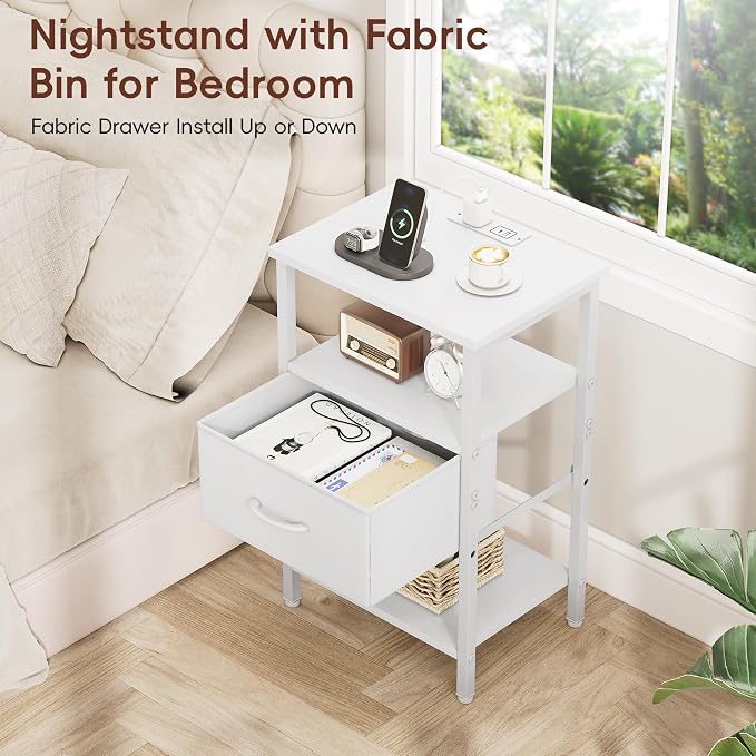 Vagusicc Night Stand Set 2, White Nightstand with Charging Station, Bed Side Table with Drawer, End Table with Storage Shelf for Living Room, Tall Bedside Table, White Night Stand for Bedroom - Image 5