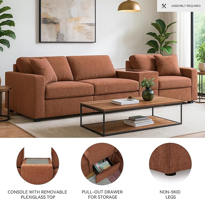 Signature Design by Ashley Modmax Urban Modular Stain Resistant 4-Piece Sectional with Storage Console, Drawer and 2 Accent Pillows, Orange