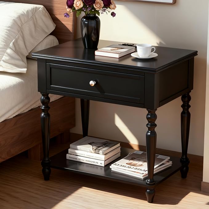 Solid Wood Nightstand with Charging Station, Traditional End Table with Drawers and Open Shelf, Bedside Table with Storage, Modern Side Table for Bedroom, Black by Owipaw