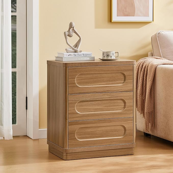26.2" Tall Nightstand, 21.7" W Night Stand with 3 Storage Drawers, Wood Beside Table, Rounded Corner Design for Bedroom（Brown） - Image 3