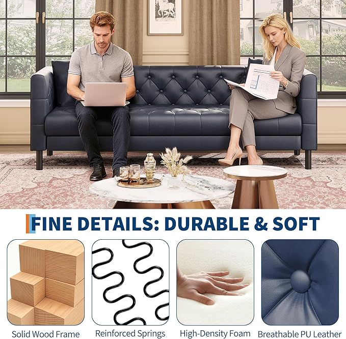 GarveeHome 81 in Leather Couch for Living Room, Modern Sofa Couch with Deep Seat and 2 Pillows, Handmade Button Tufted 3 Seater Sofa, Leather Sofa for Apartment, Office, Blue