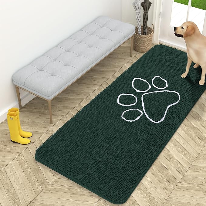 OLANLY Dog Door Mat for Muddy Paws 59x24, Paw Print Design, Absorbs Moisture and Dirt, Absorbent Non-Slip Washable Doormat, Quick Dry Chenille Mud Mat, Entry Indoor Entryway Carpet, Blackish Green by OLANLY