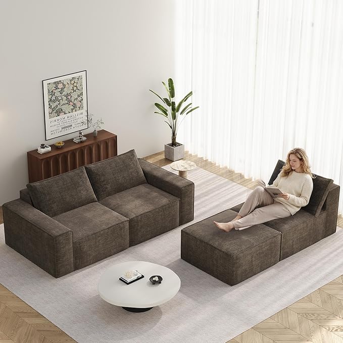 Vesgantti 114" Modular Boneless Couch, Modern 3 Seater Sectional Sofa with Ottoman & Deep Seat, Convertible Chenille L Shaped Cloud Couches for Living Room, No Assembly Required, Dark Brown