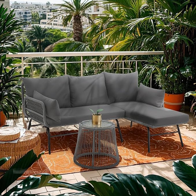 Bezseller 3-Piece Outdoor Patio Furniture Set – L-Shaped Rattan Sectional Sofa with Detachable Lounger, Glass Coffee Table & 4" Cushions – All-Weather PE Wicker for Backyard, Porch, Poolside