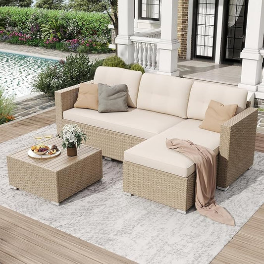 JOIVI 3 Piece Patio Furniture Set, L Shaped Wicker Rattan Outdoor Sectional Couch Conversation Set with Cushions & Wooden Top Coffee Table, All Weather Patio Sofa Set for Balcony or Porch, Beige