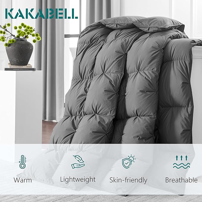 KAKABELL Pinch Pleat Goose Down Feathers Fiber Comforter Full/Queen Size All Season-Ultra Soft and Cozy Noiseless Duvet Insert with Egyptian Cotton Blend Cover,Fluffy Warm Comforter (Grey,90"X90")