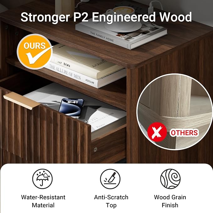Fluted Nightstand, Walnut Night Stand, 2 Drawers Nightstand with Charging Station, Wooden End Table with Storage, Modern Bedside Table for Bedroom Sofa Home Office, Curved Corners Design - Image 4