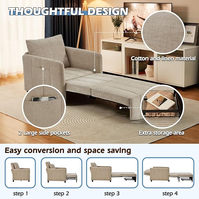 ZZW Sleeper Chair 84" Extra Long Convertible Chair Bed Upgraded 3-in-1 to 4-in-1 Pull Out Chair & Single Sofa Bed for Adult Sleeping Chairs for Living Room & Small Space