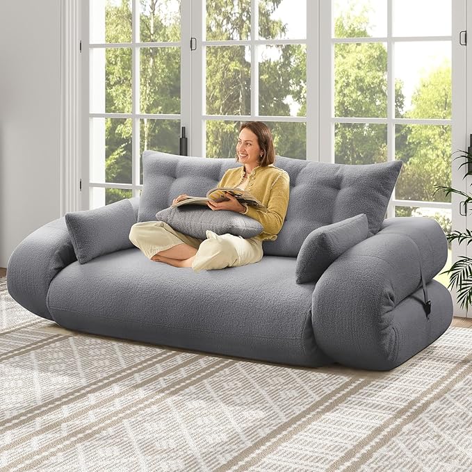 Rovibek 94" x 78" Oversized Floor Sofa with 4 Pillows, 3-in-1 Convertible Sleeper Sofa Bed, Compressed Couch in a Box for Living Room, Apartment, and Guest Room, Gray