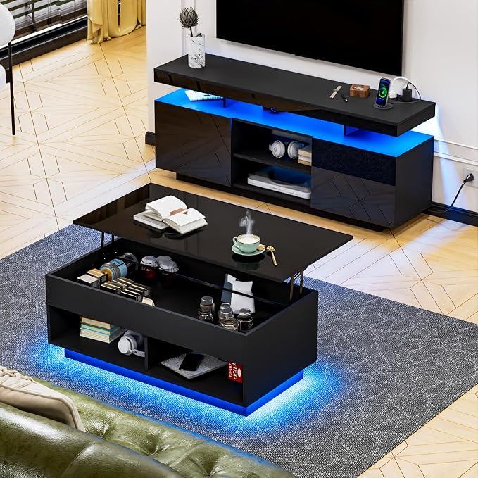 HOMMPA Modern LED TV Stand for 65/60/55 inch TV with Power Outlets - Gaming Console Storage Entertainment Center with LED Lights - Black - Image 8