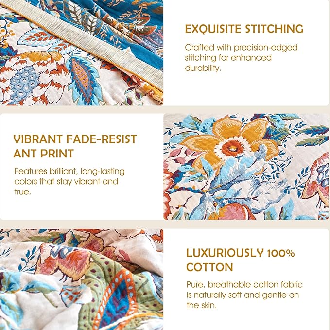 Boho Throw Blanket - 50"x60" 100% Cotton Ultra Soft Lightweight Spring Blanket, 4-Layer Breathable Muslin Blankets for Bed Couch, Reversible Green Floral Butterfly Printed Bohemian Cotton Quilt
