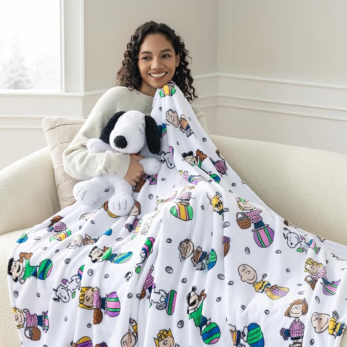 Berkshire Peanuts® VelvetLoft® Cute Character Snoopy Plush Throw Blanket,Easter Gang 2025 White,Throw 55 in x 70 in (Official Peanuts® Product)