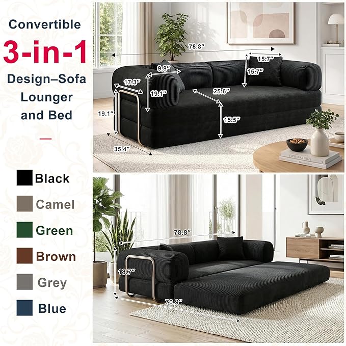 78 Inch Folding Convertible Sofa Bed, 4-in-1 Oversized Cloud Corduroy Upholstered Boneless Couch, Loveseat Sleeper with Pull Out Bed, Modular Futon Floor Sofa Couch for Living Room Bedroom Lounge