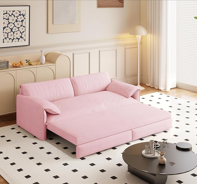 Eafurn 66" Convertible Sofa Bed Queen Size, 3-in-1 Pull Out Sleeper Couch Sofabed, Modern Velvet Loveseat Chaise Lounge w/Side Storage Pocket for Living Room Office | Removable Cushions