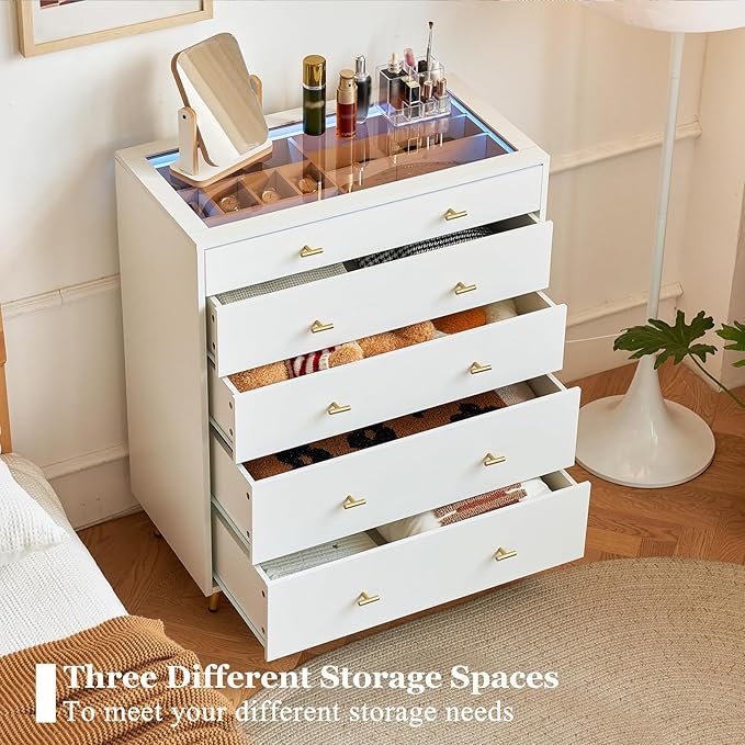 Wardrobe Closet Island with Drawers, Glass Tabletop & LED Lights, Jewelry Dresser Display, Wooden Closet Storage Cabinet for Bedroom Cloakroom Shops, 30.7" W x 15.7" D x 38" H, White