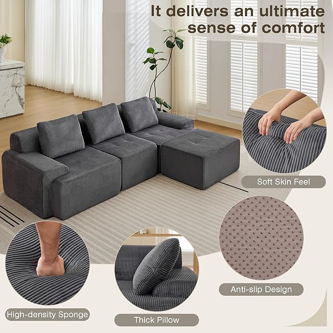 Modular Sectional Sofa, 6 Seat Modular Couch, Modular Sofa with Deep Seat and Detachable Pillow (Grey, 4 Pieces-L Shape)
