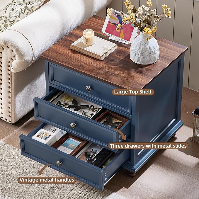 Joaxswe 24" Wide Farmhouse Nightstand Set of 2, 45" Tall Rustic Chests of 5 Drawers w/ 4 Solid Wood Feet, Farmhouse Furniture Series for Living Room,Bedroom,DarkBlue